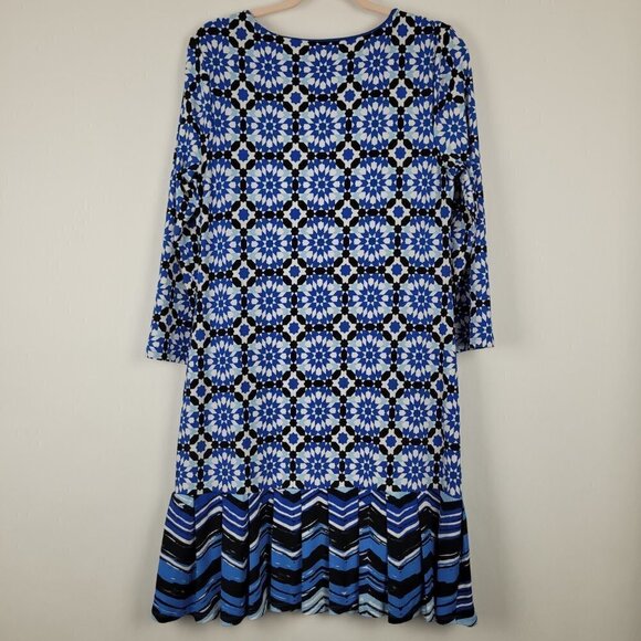 Stitch Fix 41 Hawthorn Mora Blue Stretch Knit Print Beaded Neck Dress L - Picture 8 of 9